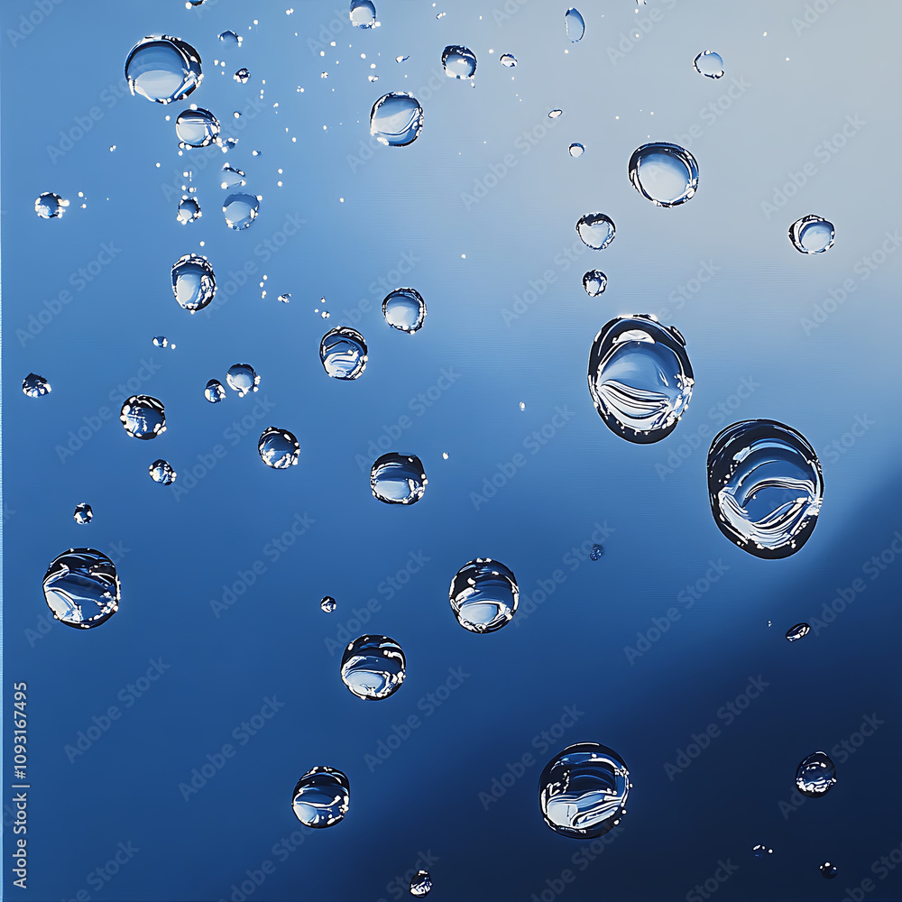 Poster shimmering droplets float gracefully against blue background, creating serene and refreshing atmosph