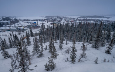 Winter overview of Old Town in Yellowknife, Northwest Territories, Canada on snowy day