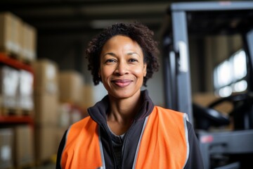 Fototapeta premium Portrait of a middle aged female forklift worker in warehouse