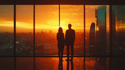Couple silhouetted against a vibrant cityscape sunset viewed from a high-rise window.