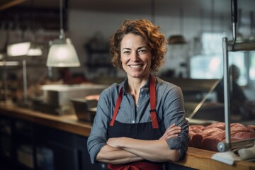 Obraz premium Portrait of a middle aged female butcher in a butcher shop