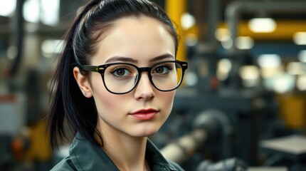 Young woman at work in dark clothes and glasses in a factory