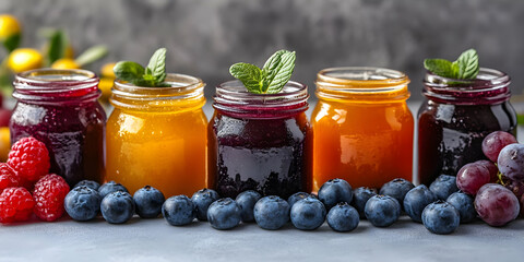 Photo Assorted Fruit Jams with Fresh Berries and Mint