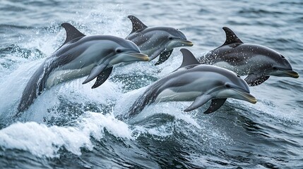 Fototapeta premium Dolphins leap through the ocean waves, a stunning display of marine wildlife