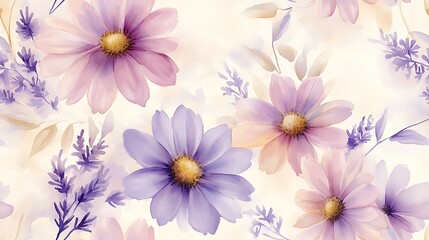 Seamless pattern of pastel watercolor daisies and lavender, light shades of pink and lilac, delicate leaves, flowing brush strokes, hand-painted look, intricate and airy design, soft cream background,