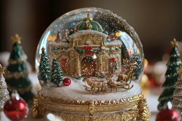 Santa sleigh snow globe with reindeer and christmas trees , isolated on white background,  , copy space, copy space for text,