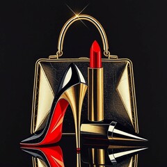 Luxuriöses Set aus Handtasche, Lippenstift und High Heels. Gold Luxus Glamour