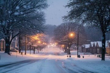 Snowfall on a Residential Street at Dusk