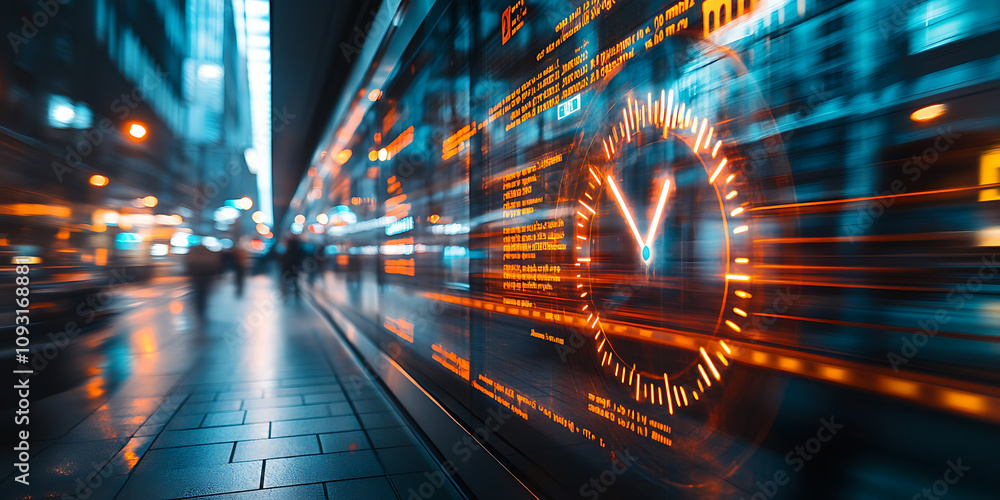 Poster urban scene with digital clock displaying time, showcasing vibrant city lights and motion blur, crea