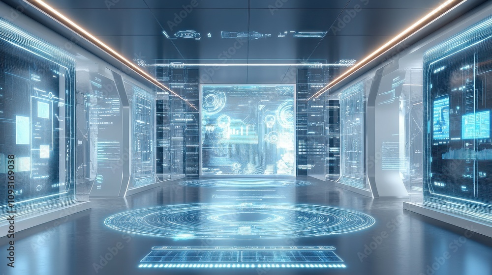 Poster exploring the futuristic tech hub holographic screens in a high-tech environment