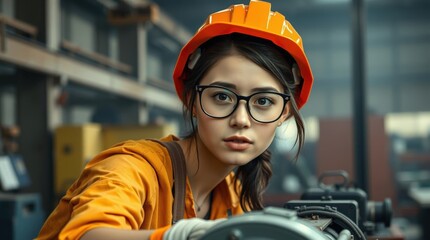 A young girl in a helmet and glasses in an orange work T-shirt works at a machine in production