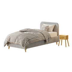 A bed with a striped comforter and a wooden nightstand