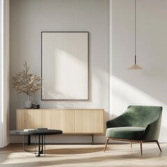 Modern Minimalist Apartment with Light Oak Cabinets, White Walls, Green Armchair, and Black Coffee Table, Natural Lighting, Blank Wall for Art Mockup