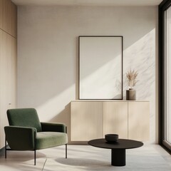 Modern Minimalist Apartment with Light Oak Cabinets, White Walls, Green Armchair, and Black Coffee Table, Natural Lighting, Blank Wall for Art Mockup