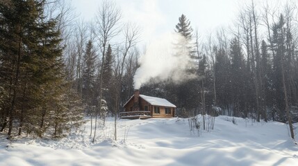 Charming winter retreat isolated cabin in a snowy forest with smoke rising from the chimney