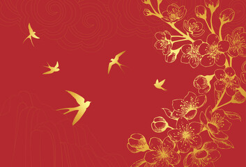 Elegant cherry blossom oriental background vector with golden swallow bird