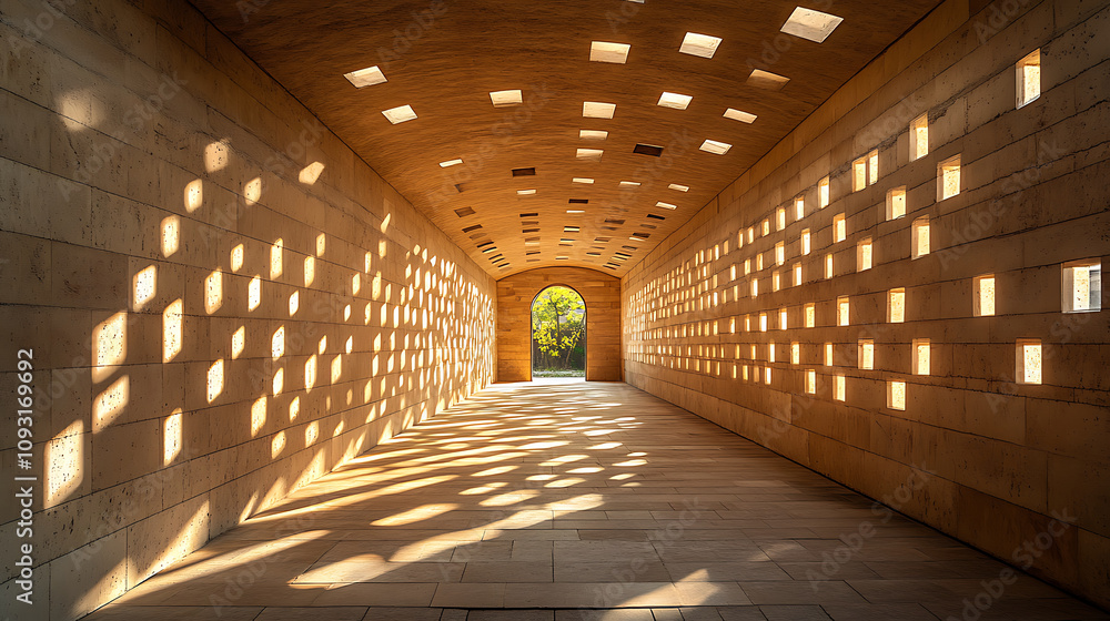 Poster serene tunnel with light colored wooden ceiling and walls, featuring square openings that create bea