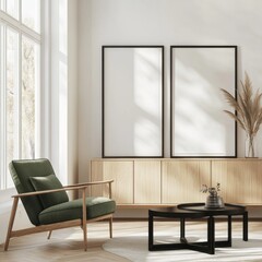 Fototapeta premium Modern Minimalist Apartment with Light Oak Cabinets, Green Armchair, and Natural Sunlight