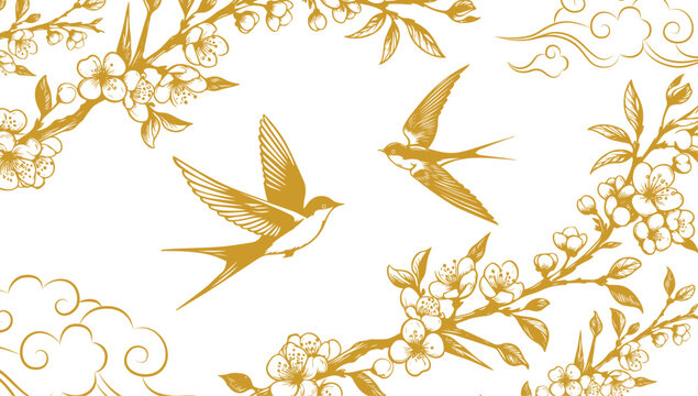 Golden swallow bird vector with cherry blossom branch wallpaper
