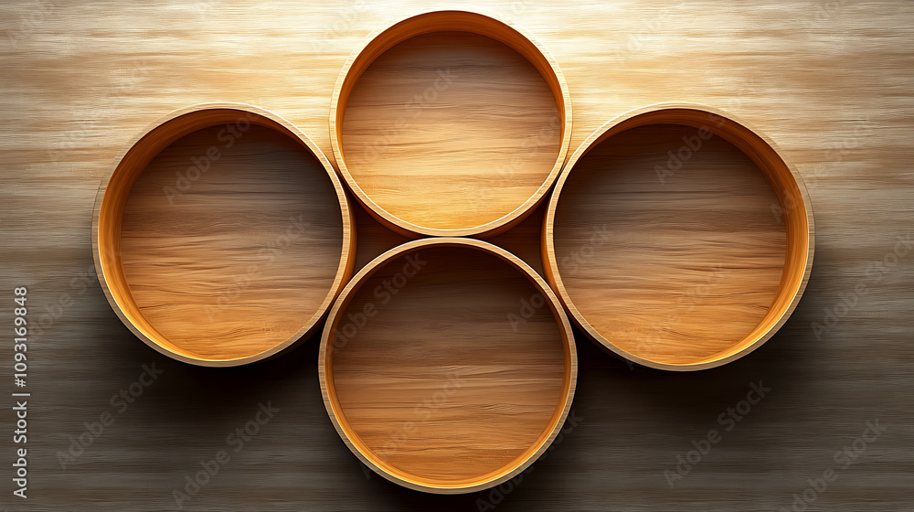 Poster wooden circles arranged in concentric pattern on textured surface create harmonious and professional