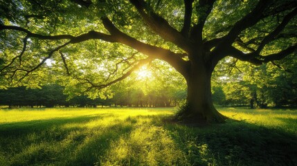 Fototapeta premium Discover the serenity of massive oak tree shade in nature's embrace outdoor relaxation guide