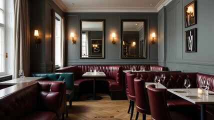 Here's a caption and keywords for your stock photo.. Elegant dining room with burgundy leather booths, white tables, and gray walls.