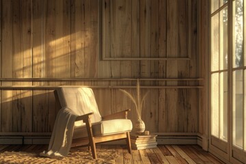 Stylish modern wooden living room with armchair