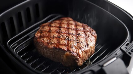 Delicious Raw Steak Cooking in Air Fryer on White Background