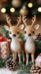 Festive holiday scene with adorable reindeer figurine surrounded by wrapped gifts, pine cones, and evergreen branches, creating a cozy Christmas atmosphere