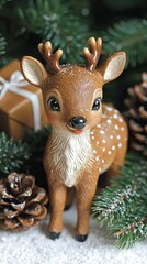 Festive holiday scene with adorable reindeer figurine surrounded by wrapped gifts, pine cones, and evergreen branches, creating a cozy Christmas atmosphere