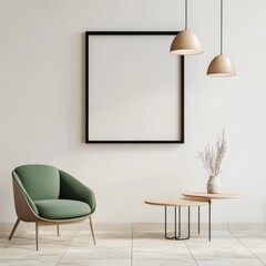 Modern Minimalist Interior with Light Oak Cabinets, Green Armchair, and Empty Black Frame