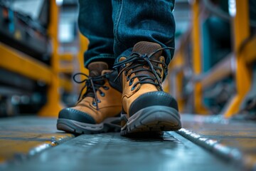 Close up of safety workers shoes in factory