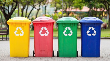 Recycling action colorful trash bins in a park urban environment outdoor viewpoint promoting garbage management concepts
