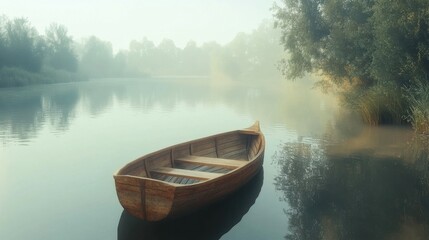 Fototapeta premium Serene wooden boat journey on a calm river an inviting nature experience captured from a tranquil perspective