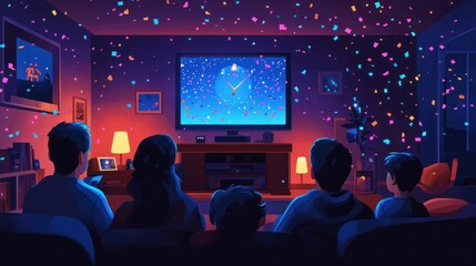 Cozy Living Room Scene with Family Enjoying a Movie Night Amidst Colorful Confetti and a Warm Atmosphere