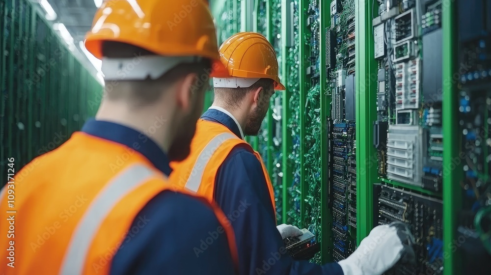Poster technicians maintaining data servers data center action in technology indoor environment close-up vi