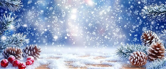 hyper realistic photo of    Fir Branches And Frosty Pinecones On Snowy Wooden Table With Wintry Blizzard Background - Christmas / Winter