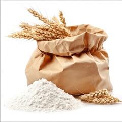 Open paper bag filled with white flour and wheat stems