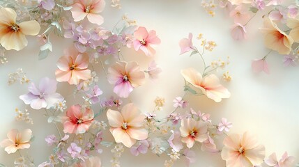 Fototapeta premium Seamless watercolor design of pastel floral wreaths, light pinks, lilac, and soft yellow blooms, delicate green leaves, airy and intricate composition, hand-drawn texture, fluid brush strokes,