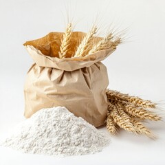 Brown paper bag filled with flour beside wheat stalks.