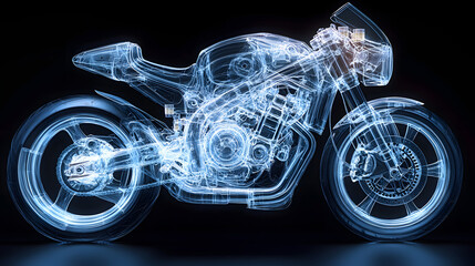 3D X-ray image of a motorcycle displayed on a black background, featuring white transparent lines forming its intricate structure. A modern and technical visualization.
