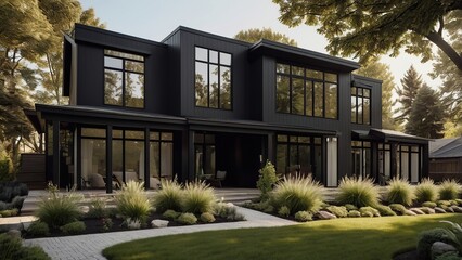 Fototapeta premium Modern black farmhouse with large windows and lush garden in a serene suburban neighborhood.