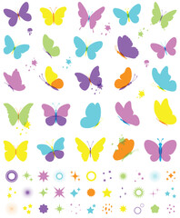 Fototapeta premium Set of color butterflies, collection of silhouettes. Butterfly colorful, flying shape, vector design. Abstract modern monarch butterfly contours for decoration. Magical sparkle, glow, stars, shine set