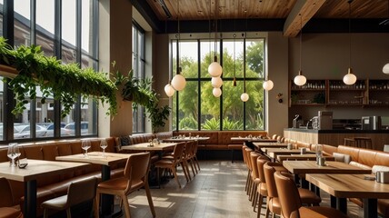 Fototapeta premium Here's a possible and keyword list for your stock photo.. Sunlit restaurant interior with wood tables, leather banquettes, and pendant lights.