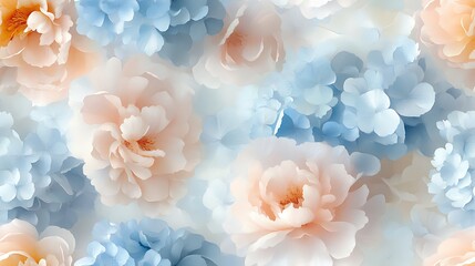 Seamless watercolor pattern of soft peonies and hydrangeas, pastel blush and pale blue hues, delicate petals, vintage feel, airy composition, hand-painted texture, intricate floral details,
