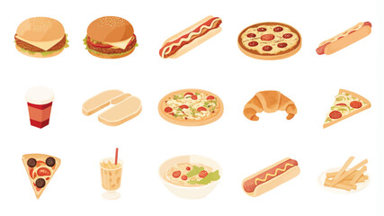 Fast food icons set. Isometric set of fast food vector icons for web design