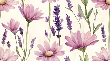 Fototapeta premium Seamless watercolor pattern with pastel daisies and lavender sprigs, soft pinks and light purple hues, delicate green stems, loose brush strokes, airy and natural look, intricate design,