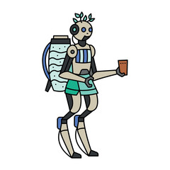 Eco robot character color line illustration. Fictional monster. Editable stroke.