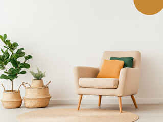Cozy Living Room Retreat: Beige armchair with mustard yellow and green cushions, complemented by fiddle leaf fig and other plants in woven baskets, creating a serene and stylish interior. 