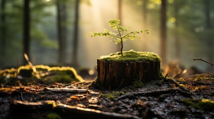 Fototapeta premium A small tree is growing on a log in the woods